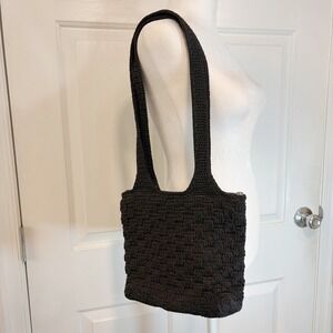 The‎ Sak Black Crochet Shoulder Bag Handmade Woven Basket Weave Zip Tote Purse